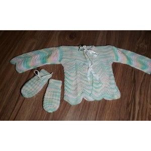 Vtg Handmade Baby Girl Cardigan & Mittens set Hand Knitted 1970s